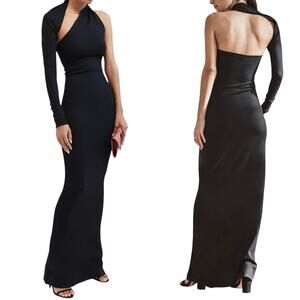 Marcella Women M Manhattan Dress Gown Black Ponte Knit Open Back Maxi Halter NEW